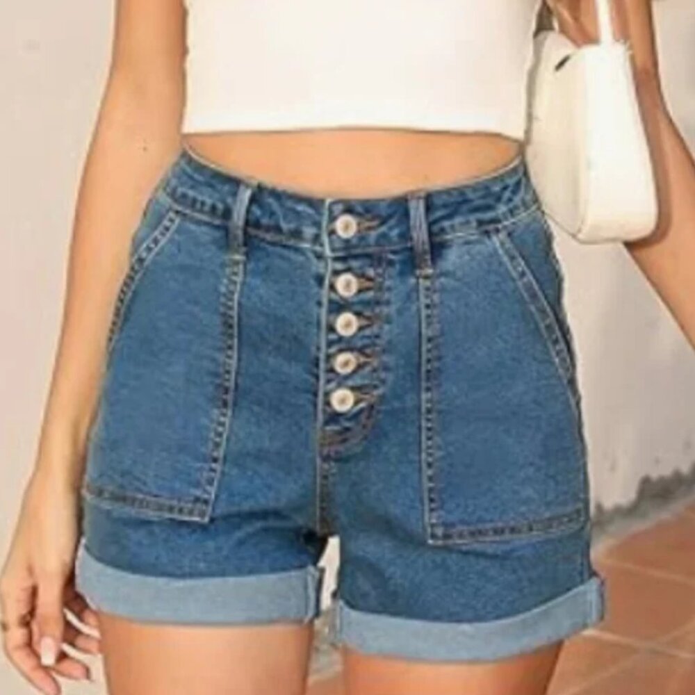 Sidefeel High Waisted Buttoned Folded Hem Denim Shorts in Dark Blue Size 10 NWT